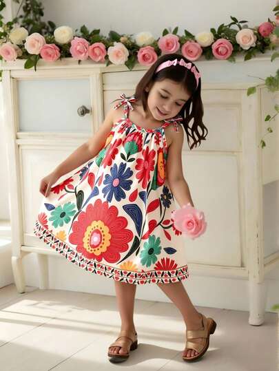 Đầm hai dây họa tiết hoa retro cho bé gái, đầm chữ A in họa tiết toàn thân dễ thương mới cho mùa hè, đầm đi biển kiểu dáng nghỉ mát cho bé, thích hợp cho các chuyến đi chơi, mặc riêng, đầm maxi thời trang cho kỳ nghỉ, hoạt động ngoài trời, bãi biển, mặc hàng ngày, họa tiết hoa độc đáo, 4-7 tuổi.