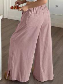 SHEIN PETITE CURVE Solid Color Casual Loose Comfortable Pants - Pink - View 2