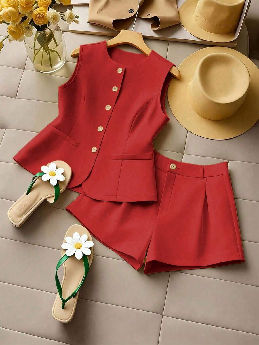 GlowEve CURVE Conjunto de 2 piezas de chaleco y pantalones cortos de satén rojo elegante para mujer talla grande, moda de verano para fiesta de té y vacaciones, con blazer de botones en contraste - Rojo - Ver 1