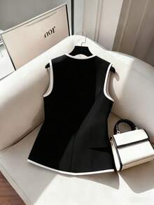 GlowEve Elegant Round Neck Contrast Color Pocket Button Decor Vest Waistcoat Women Thin Blazer - Black - View 2