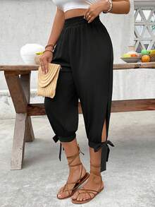 Breezaya Women's Solid Color Pleated Casual Versatile Daily Wear Pants Black Cover Up Pants Zenske Pantalone Womens Black Pants Tie Up Pants Split Hem Pants - Black - View 5