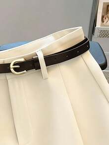 SHEIN Tall 女款米白色夏季休閒辦公短褲，中高腰寬腿剪裁短褲，附口袋與腰帶，時尚百搭純色下身，適合高個女性 - 杏色 - 查看 3
