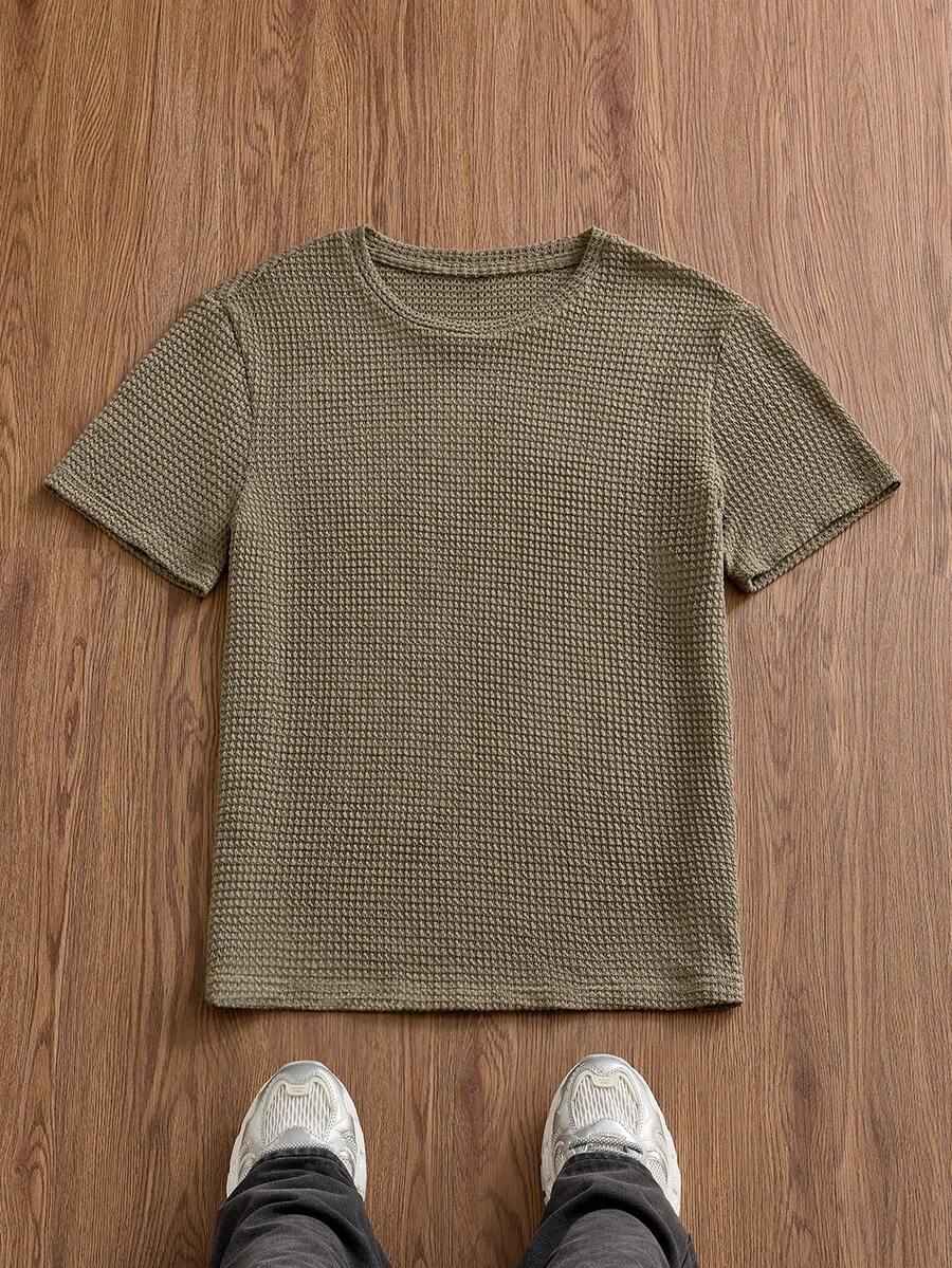 SWAVVY Men's Solid Color Textured Casual Knit Short Sleeve T-Shirt - Army Green - View 1