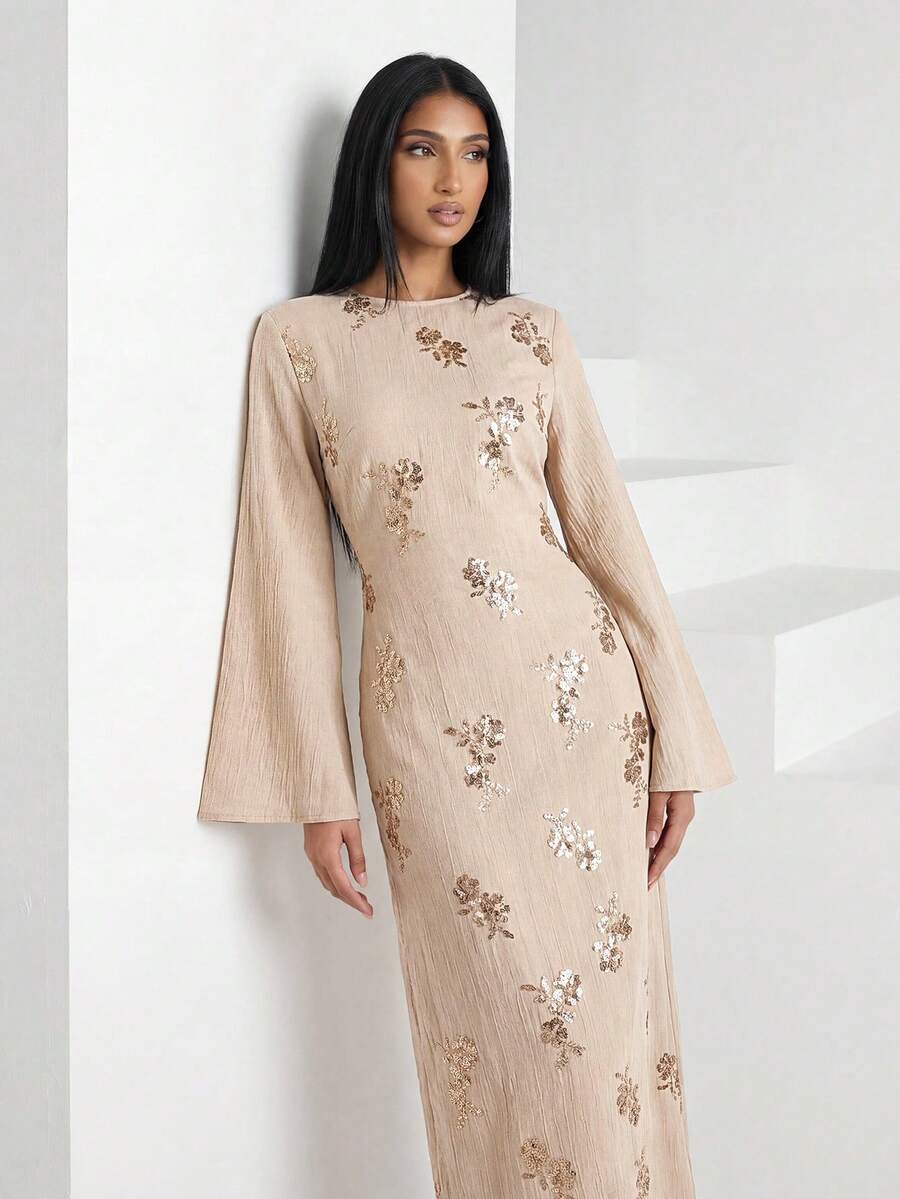 女士印花圆领优雅长袖阿拉伯连衣裙 - 卡其色 - 查看 1