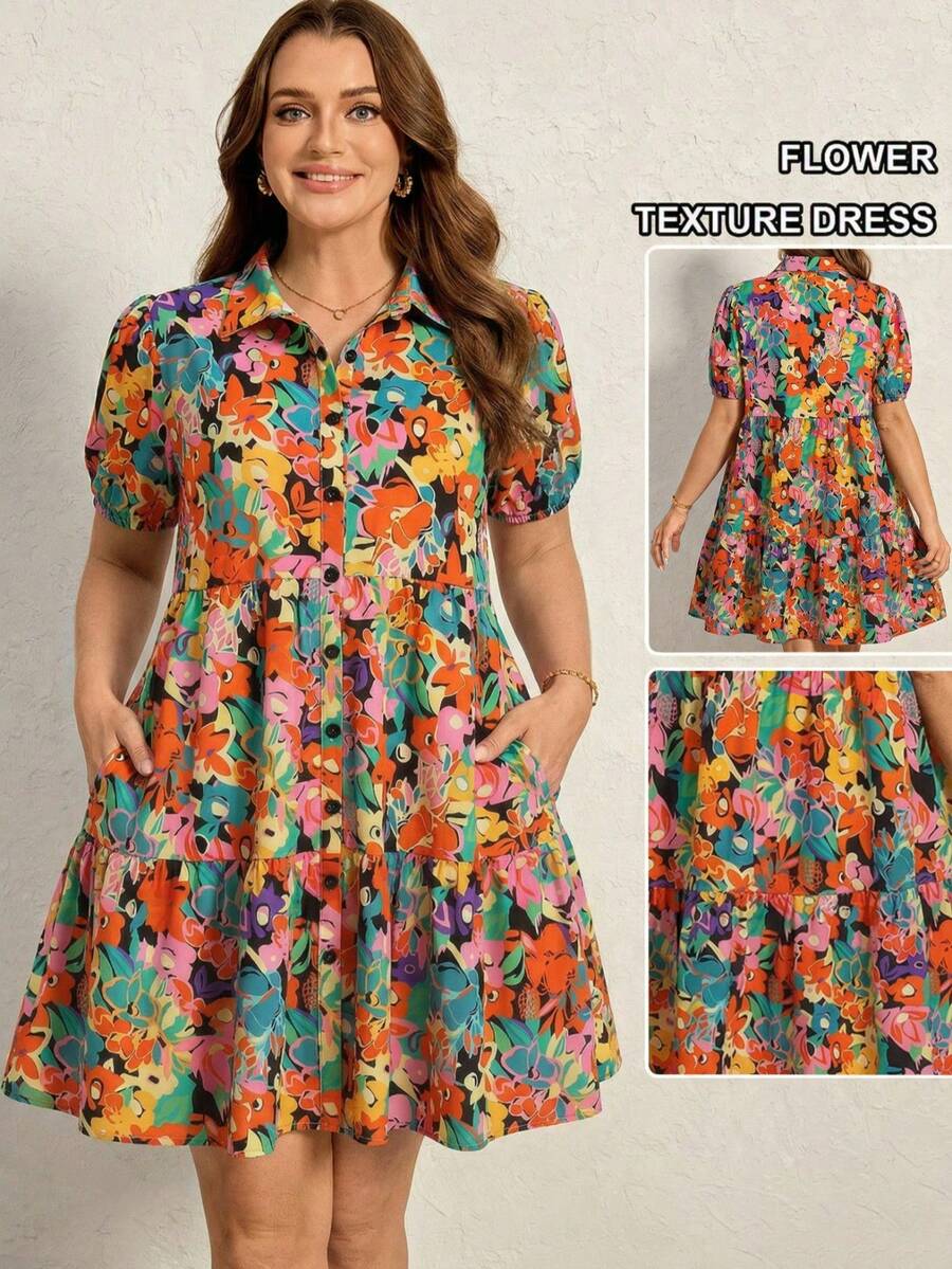 Comfylo Vestido casual de manga corta con bolsillo y estampado floral de talla grande para el Día de la Madre, vestido Zanzea para mujeres, vestido de verano casual con estampado floral para mujeres, vestido de verano con textura de flores, vestido retro - Naranja - Ver 1