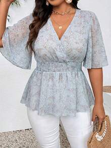 SHEIN Plus Size Women's Holiday Floral Print V-Neck Ruffle Sleeve Elegant Blouse Peplum Top - Mauve Purple - View 4