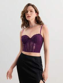 SHEIN Áo hai dây định hình dễ thương, viền ren Bralette không dây - Màu tím - Xem 4