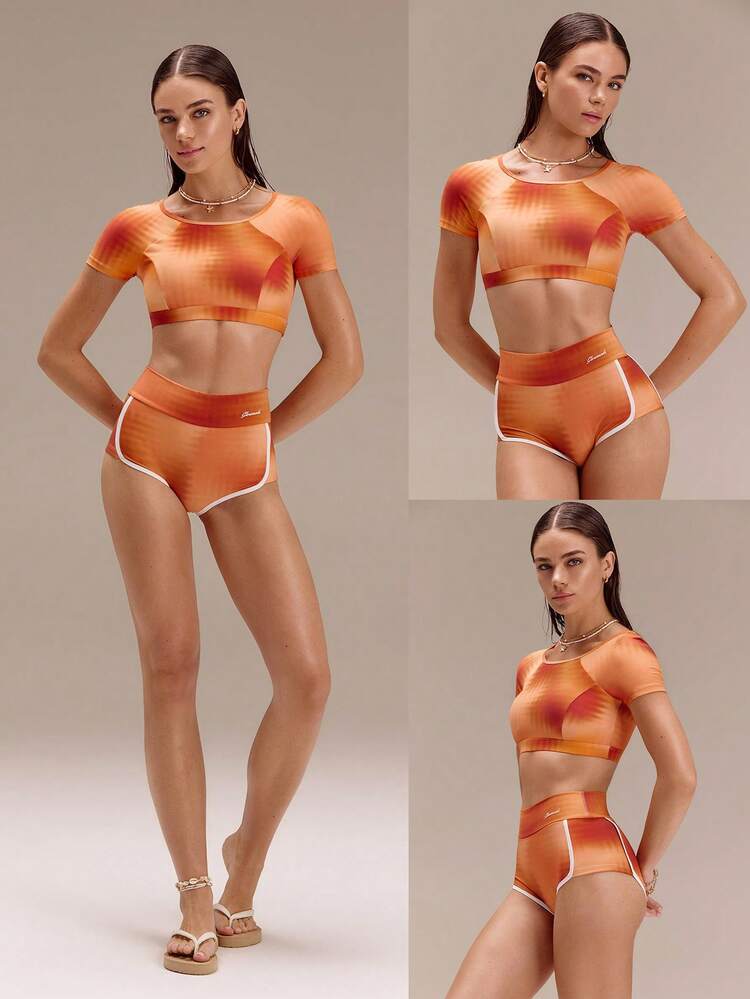Chlorresistente, farbblockige Bikinihose mit hoher Taille, sonnenschützend, dehnbar, schnelltrocknend, zum Schwimmen, Strand, Pool, Urlaub, Sommermode
