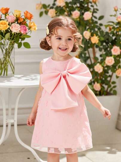 SHEIN Glamorique Kids Infant & Baby GirlPrincess Dress, Pink Princess Dress, Pink 3D Floral Mesh Dress, Front Bow Decor, A-Line, Cute, Birthday Party, Wedding Holiday Formal Dress, Flower Girl, Middle East, Europe & America