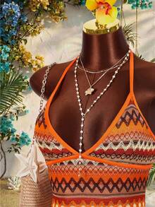 Amplova 女士度假条纹时尚吊带迷你连衣裙 - 棕色 - 查看 5