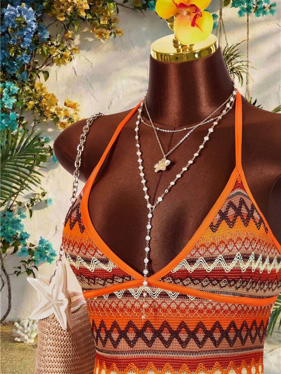 Amplova Đầm ngắn cổ yếm kẻ sọc thời trang dành cho nữ đi nghỉ mát - màu nâu - Xem 1