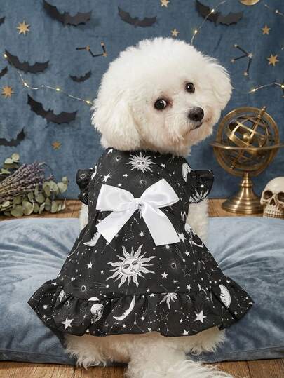 PETSIN 1件行星月亮星星黑白印花宠物裙，柔软透气宠物衣服