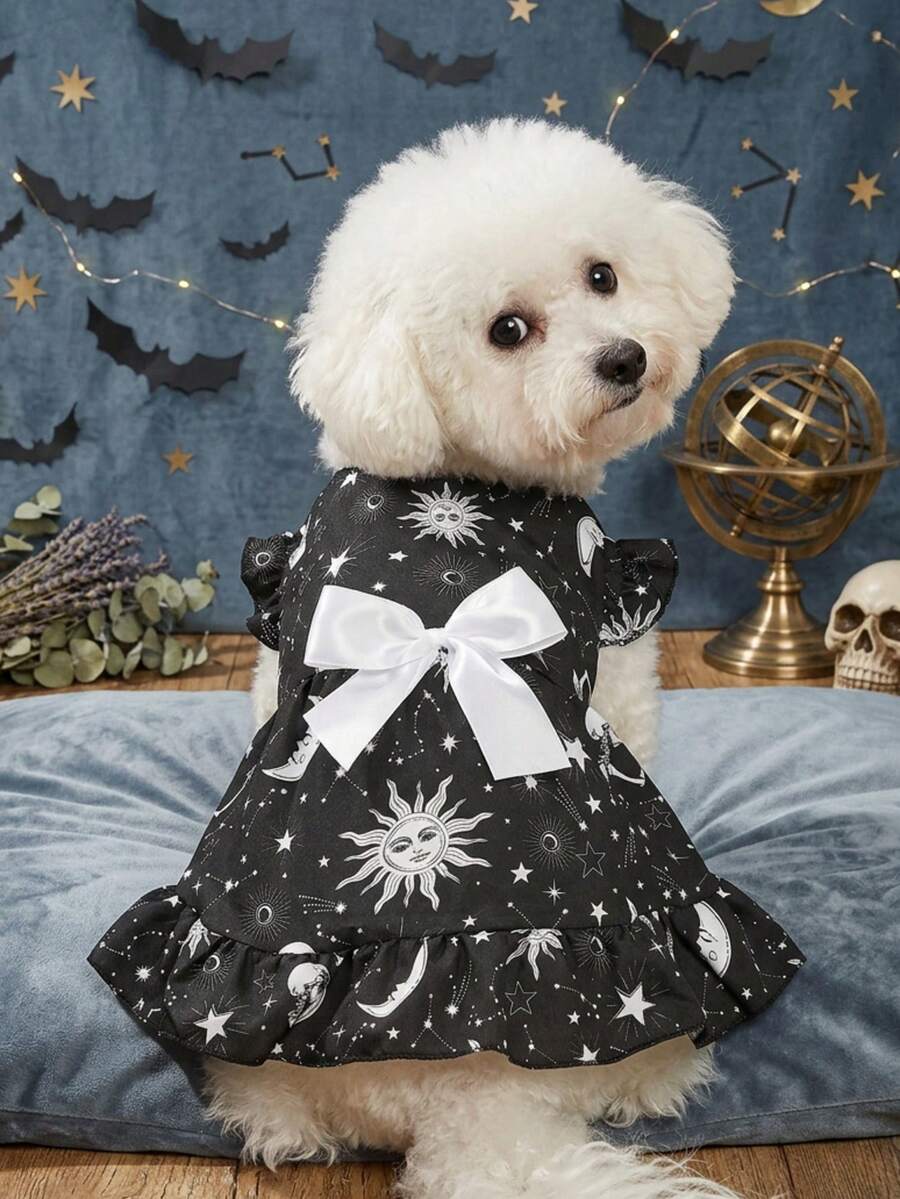 PETSIN 1件行星月亮星星黑白印花宠物裙，柔软透气宠物衣服 - 彩色 - 查看 1