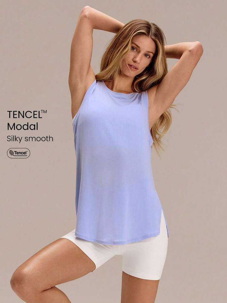 TENCEL™ Modal Smooth Sailing Lightweight Silky Smooth Hip Length Side Slit Sleeveless Active Tank Low Impact Yoga Pilates Studio Gym Daily Casual Wear