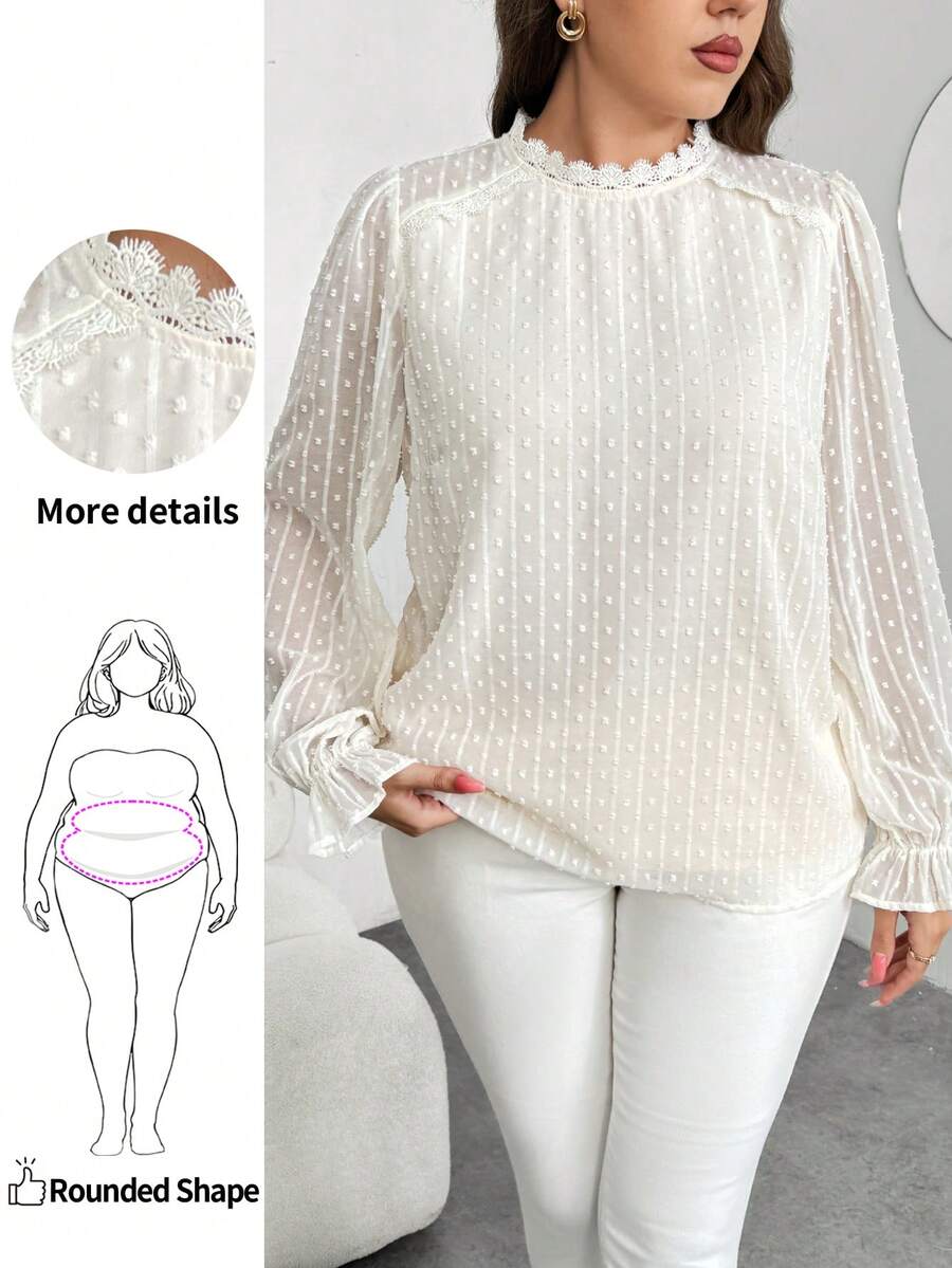 Enliva Plus Size Women's White Swiss Dot Print Long Sleeve Shirt,Elegant Formal Summer Blouse For Apple And Rounded ,Casual Commuter Spring Tops