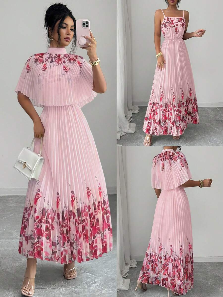 Selianne Women's Floral Summer Elegant Sexy Wedding Golf Ninang Printed 2-Piece Set,Long Sleeve Shawl Top Spaghetti Strap A-Line Dress Commuting Outfit - Pink - View 1