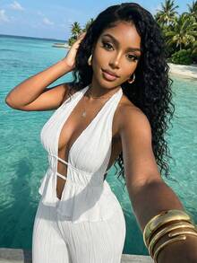 Slaydiva Trang phục cơ bản mùa hè, đa năng, giản dị nhưng thanh lịch, phù hợp cho kỳ nghỉ, du lịch, bãi biển, bờ biển, hồ bơi, du thuyền, tắm nắng, thư giãn và sang trọng. Áo vest cổ yếm thắt nơ và quần ống rộng, bộ vest quần trắng dệt jacquard - Z - trắng - Xem 5