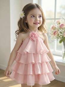 Đầm hoa xếp tầng không tay dễ thương và thanh lịch cho bé gái - Màu Hồng baby - Xem 4