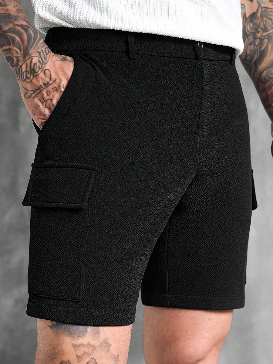 SLATEMANN Men's Fashionable Black Slim Fit Casual Shorts With Pockets - Black - View 1
