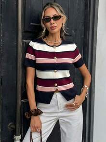 Serisse Women's Round Neck Front Button Striped Thin Cardigan - Multicolor - View 3