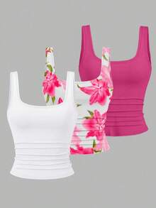 EMERY ROSE 3pcs Plus Size Women's Casual Solid Color & Full Printed Pattern Sleeveless Vest Set, Summer - Multicolor - View 1
