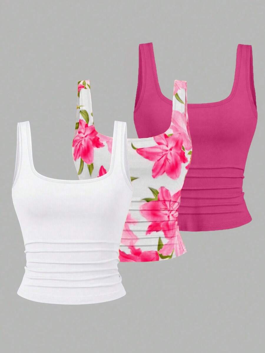 EMERY ROSE 3pcs Plus Size Women's Casual Solid Color & Full Printed Pattern Sleeveless Vest Set, Summer - Multicolor - View 1