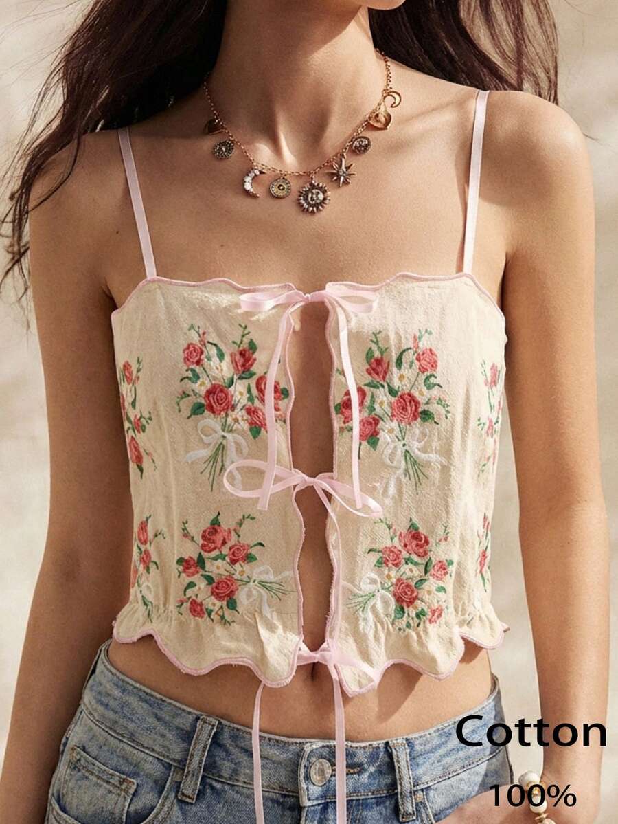 Easelle 女士吊带碎花系带荷叶边下摆无袖复古露脐背心，夏季女士背心，可爱夏季上衣，女士夏季上衣，系带上衣 - 彩色 - 查看 1