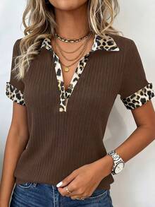 女士撞色豹纹半拉链罗纹休闲短袖T恤，春夏款 - 咖啡棕 - 查看 5