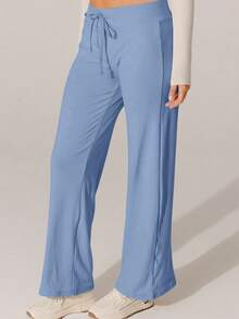 Aralina 米白色柔软针织纹理高腰休闲裤 - 淺藍色 - 查看 6