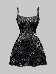 ROMWE Goth Vestido mini con estampado total de serpiente, águila, polilla, mariposa, plantas y bosque en colores morado, azul y negro para Halloween, con un toque misterioso y oscuro - Negro - Ver 5