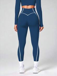 Seamluxe SHEIN Sport Leggings sportivi senza cuciture in vita alta con bordo a contrasto - Blu Navy - Visualizzare 4