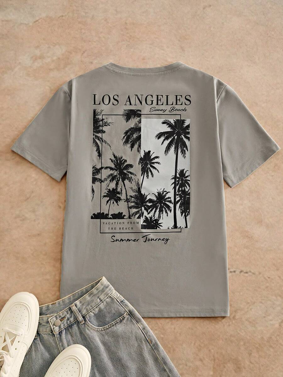 HIMLAND Áo thun nam tay ngắn cổ tròn in chữ và cây dừa, kiểu dáng thường ngày, thích hợp cho mùa hè. - xanh quân đội - Xem 1