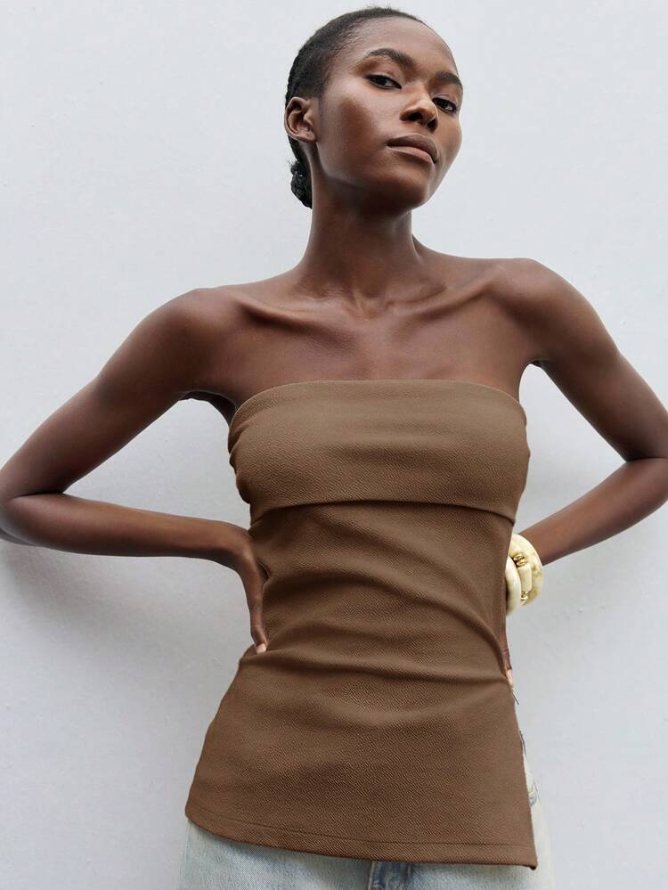 SHEIN Maija Women's Fashion Sexy Solid Color Zip-Up Tube Top,Summer Top