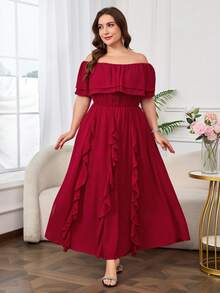 Ellevyn Plus Size Women's Elegant Red Satin Flowing Dress,Off-Shoulder Ruffle Patchwork Summer Party Outfits,Suitable For Weddings,Formal Occasions & Carnival - Red - View 8