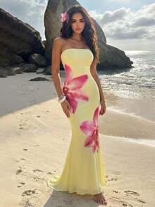 ROMWE Avant Vestido tubo ajustado con estampado floral, estilo de vacaciones - Amarillo - Ver 5