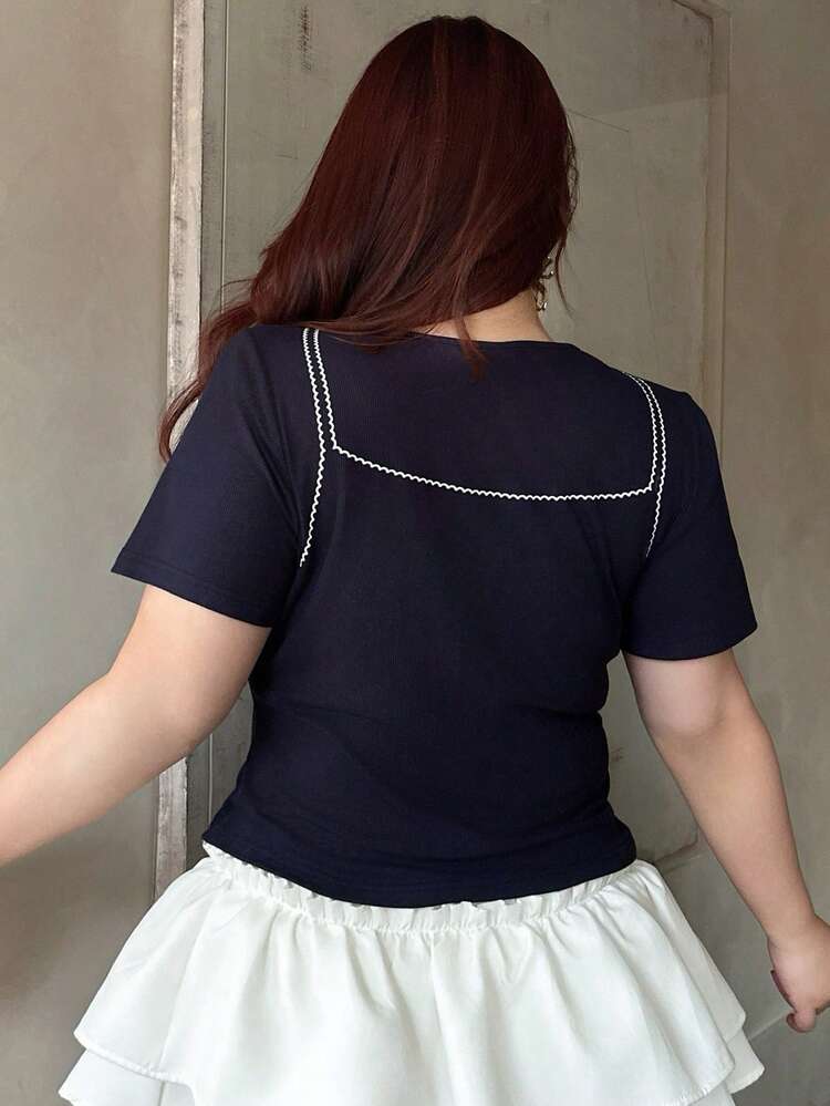 Dazy Plus Contrast Color Print 2 In 1 Fitted Round Neck Short Sleeve Casual Vacation Summer Top, Plus Size Women T-Shirt, Spring/Summer