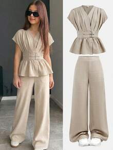 Firerie Kids 2pcs Tween Girls Waist Cinching Top + Loose Pants Set, Formal & Casual Matching Outfit - Khaki - View 13