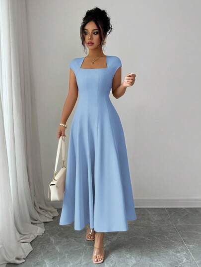 Elenzga Women's Elegant Light Blue Summer Midi Dress, Square Neck Cinched Waist Splice Flared A-Line Short Sleeve Tea Party Dress For Vacation, Beach & Commuting