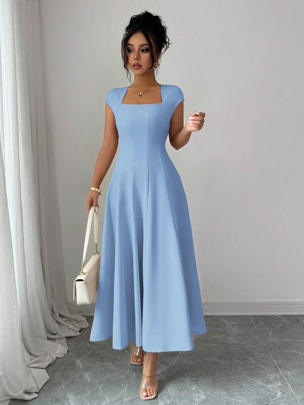Elenzga Women's Elegant Solid Color Square Neck Waist Tie Splice Flared A-Line Short Sleeve Midi Dress, Suitable For Commuting, Beach, Vacation, Music Festival, Beer Festival In Spring And Summer