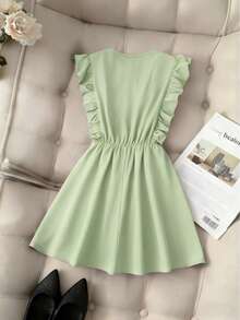 Pariaura Vintage Brown Ruffled Hem Full Design Dress/Waist Cinching Slim Mini Skirt/Elegant & Sweet Zanea Dress For Woman Zoey Outfit Zante Holiday Outfit - Aqua Green - View 2