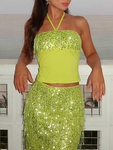 Opulessa Áo yếm dự tiệc đi biển dành cho nữ, đính sequin và phối nhiều mảnh. - màu xanh lá - Xem 3