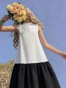 SHEIN Tween Girl Elegant 3D Floral Decor Black And White Summer Dress, Formal Wedding Guest Ruffle Hem Sleeveless A-Line Midi Party Wear Dress For Tween Girl - Black and White - View 4