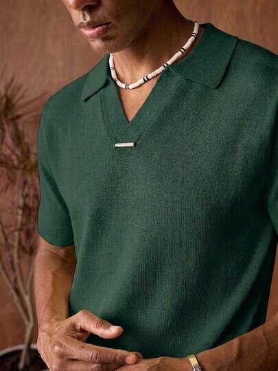 AKNOTIC Business Casual ملابس علوية محبوك بأكمام قصيرة أحادي اللون للرجال