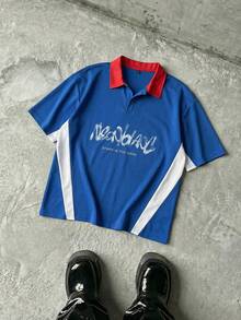 NEON BLANC Camiseta casual de manga corta con estampado de letras y parches para hombre - Azul - Ver 1