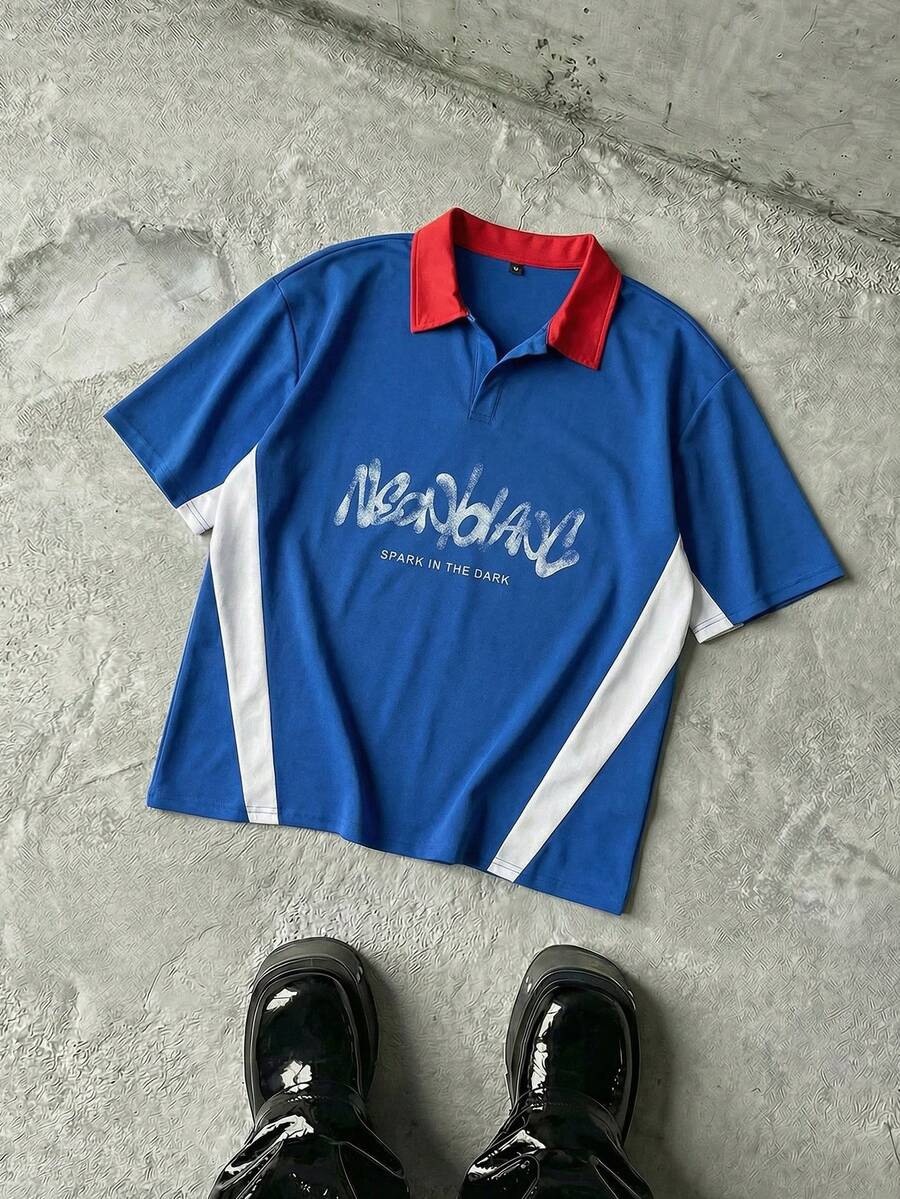 NEON BLANC Camiseta casual de manga corta con estampado de letras y parches para hombre - Azul - Ver 1