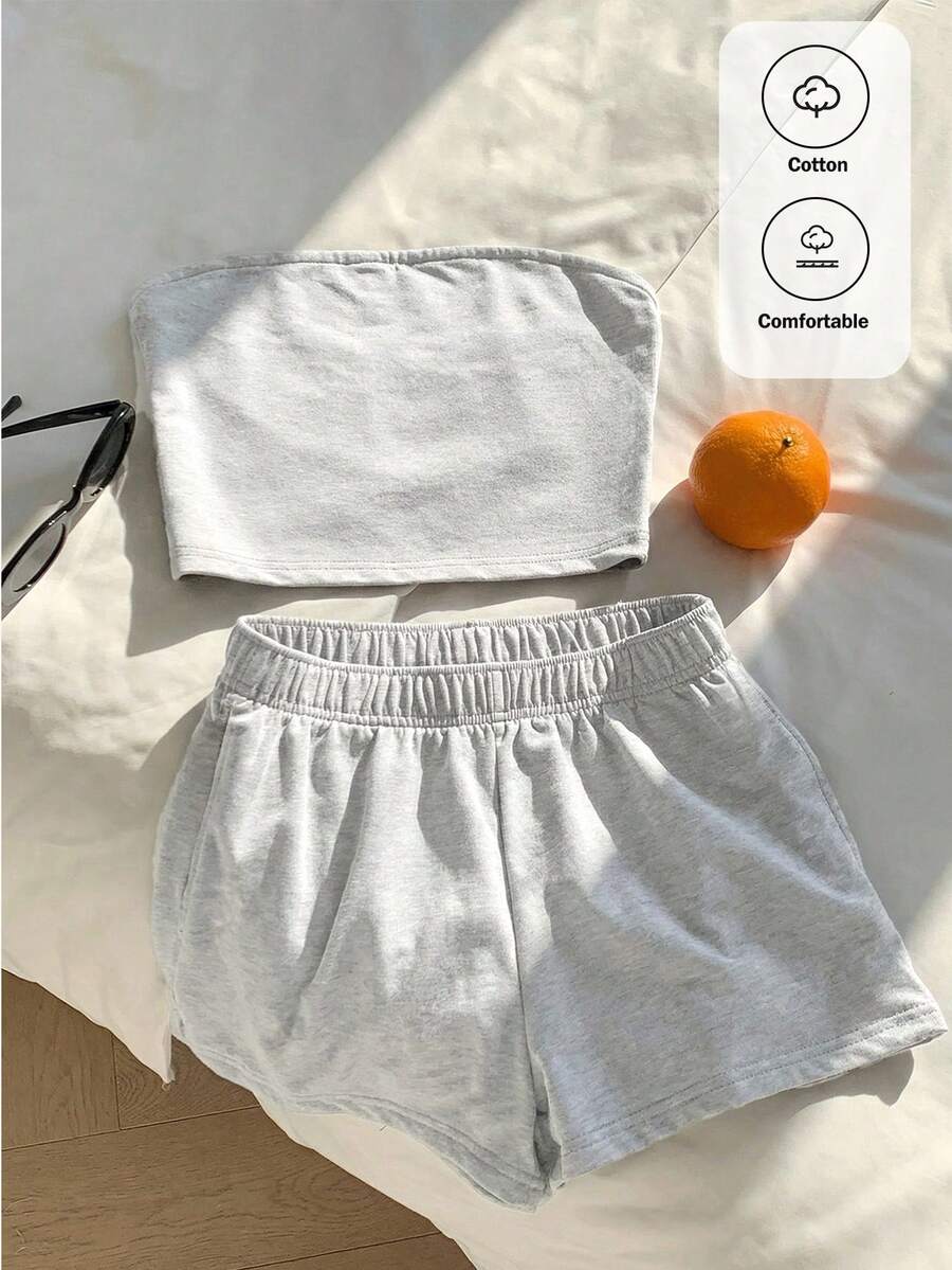 Comfortcana Women's Solid Color Casual Two-Piece Set - Light Grey - View 1