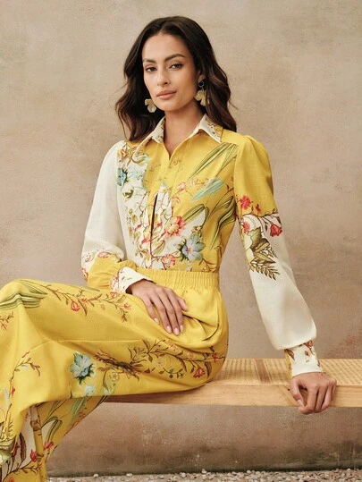 Anewsta New Arrival Spring Women's Romantic Floral Print Shirt And Pants 2-Piece Set