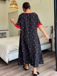 Napfluff CURVE Napfluff CURVE Plus Size Women's Red Cherry Print Nightgown, Ruffle Collar & Cuffs Design, Bow Decor, Comfortable Sleepwear For Spring & Summer - Black - View 2
