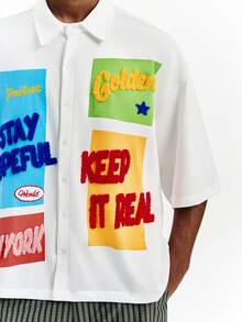 PAVTROS Men's Casual Letter Flocked Front Button Short Sleeve Shirt, Summer - White - View 5