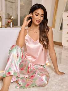 LuxeNights Mature Elegant Floral Pattern Contrast Color Camisole Women Pajama Set - Multicolor - View 5